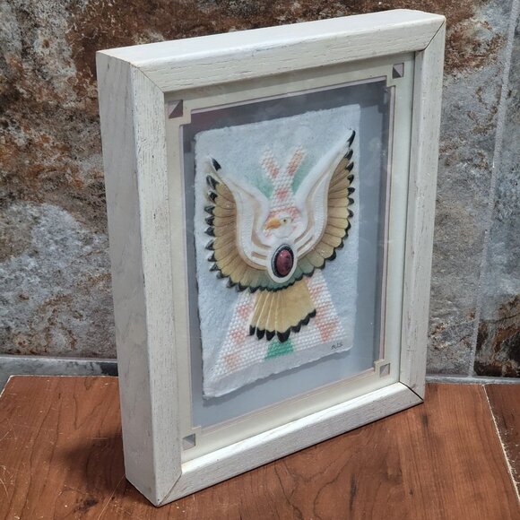 Framed Wall Art Southwest Tribal Eagle Oval Stone Matted Shadow Box Artist Signe - Picture 6 of 11